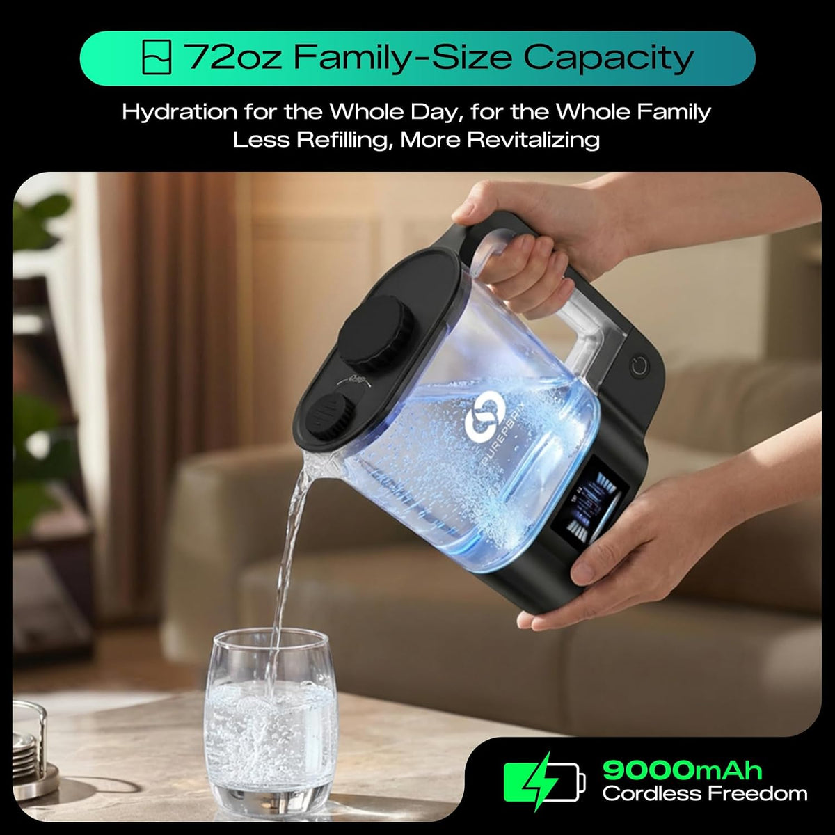 Desktop Hydrogen Water Pitcher - 72Oz Large Hydrogen Water Bottle Generator - 3000 PPB SPE/PEM Machine - 9000Mah - Ideal Wellness Gift for Family & Home (Black)