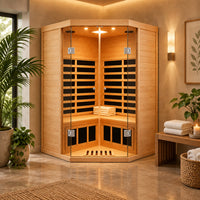 2-Person Corner Far Infrared Sauna Room - Hemlock Wood, Deluxe Transparent Glass Front, Large Capacity Home Sauna
