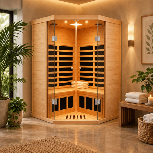 2-Person Corner Far Infrared Sauna Room - Hemlock Wood, Deluxe Transparent Glass Front, Large Capacity Home Sauna