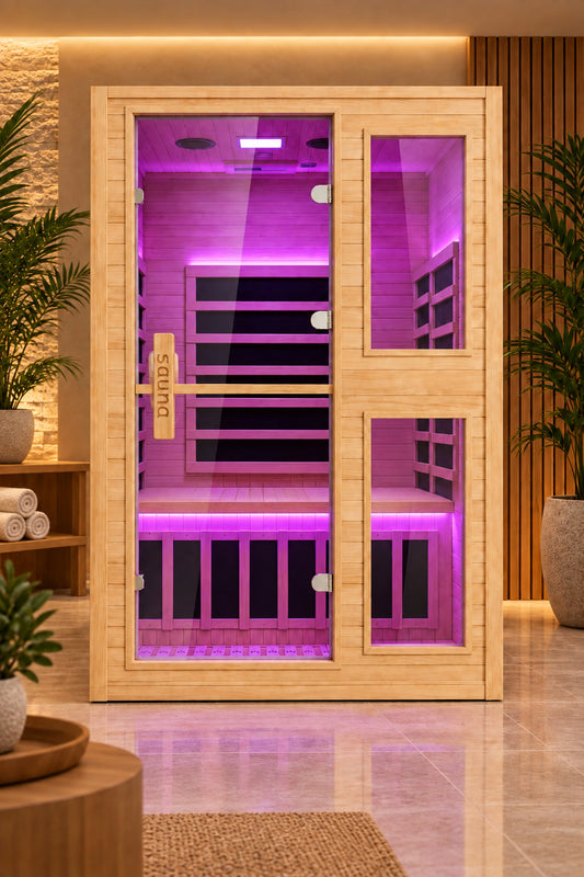 An infrared sauna with wooden frame and glass doors.