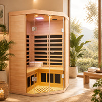 2-Person Corner Far Infrared Sauna Room - Hemlock Wood, Deluxe Transparent Glass Front, Large Capacity Home Sauna