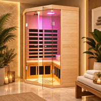 2-Person Corner Far Infrared Sauna Room - Hemlock Wood, Deluxe Transparent Glass Front, Large Capacity Home Sauna