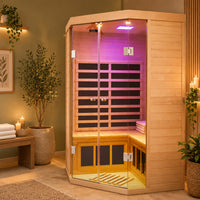 2-Person Corner Far Infrared Sauna Room - Hemlock Wood, Deluxe Transparent Glass Front, Large Capacity Home Sauna