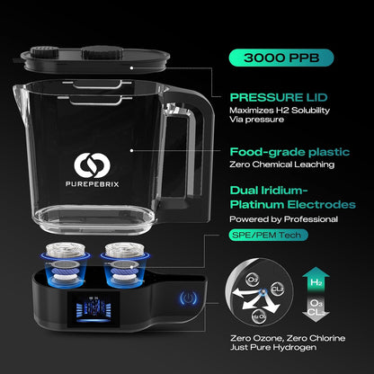 Desktop Hydrogen Water Pitcher - 72Oz Large Hydrogen Water Bottle Generator - 3000 PPB SPE/PEM Machine - 9000Mah - Ideal Wellness Gift for Family & Home (Black)