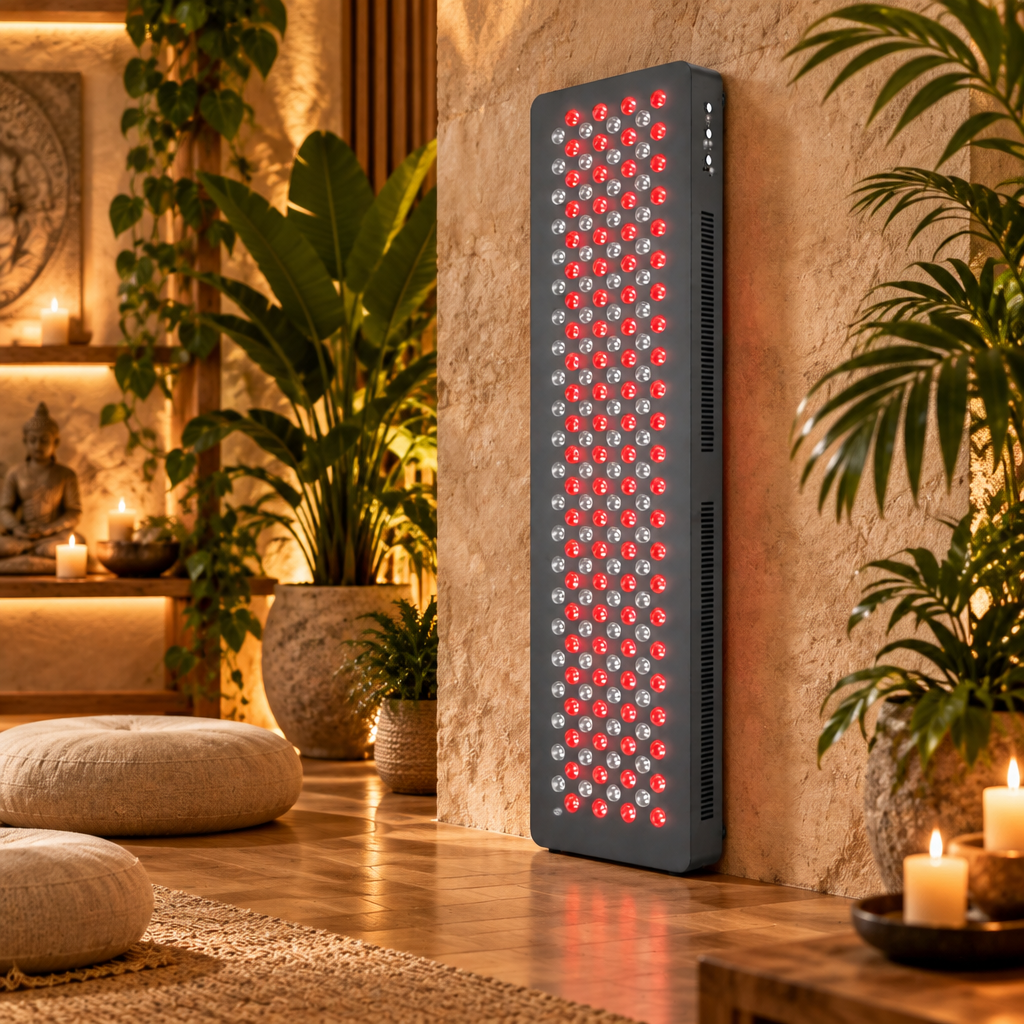 A tall rectangular red light therapy panel with many glowing red LEDs stands against a textured stone wall in a warmly lit room with plants, candles, and wooden flooring.