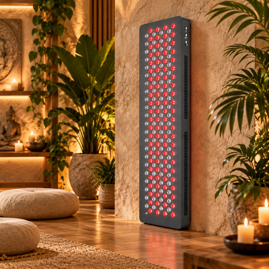 A tall rectangular red light therapy panel with many glowing red LEDs stands against a textured stone wall in a warmly lit room with plants, candles, and wooden flooring.