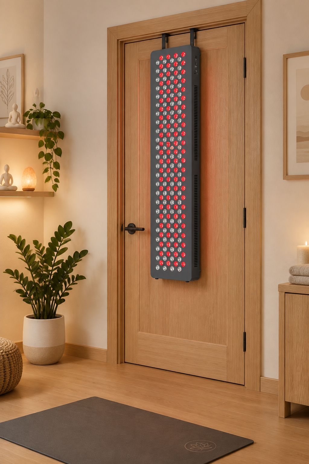 A tall rectangular red light therapy panel hangs from a black door hanger over a wooden door in a warm, modern room with plants and shelves.
