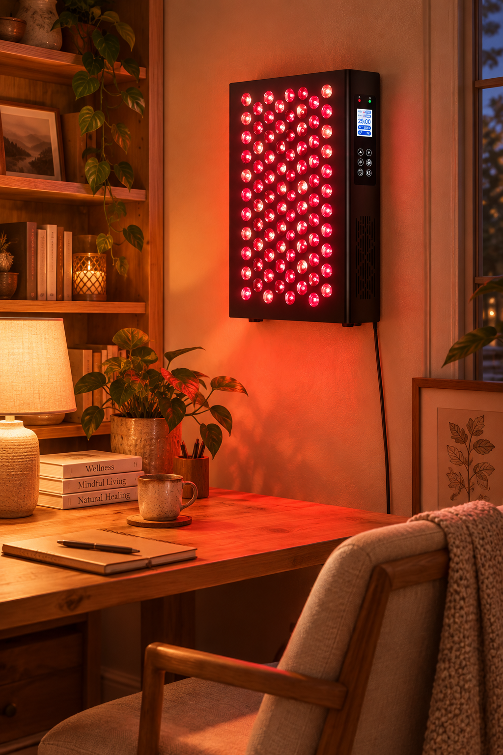 A wall-mounted red light therapy panel glowing with red LEDs in a cozy home office setting with a wooden desk, chair, and plants.